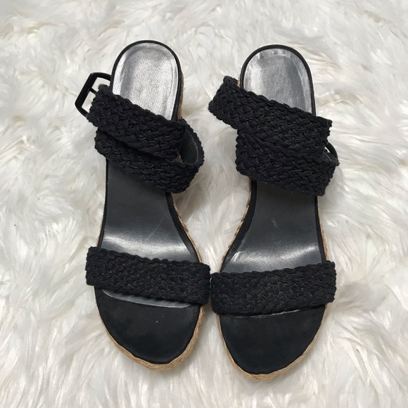 Stuart Weitzman Black SuedeTrimmed Crocheted Wedge